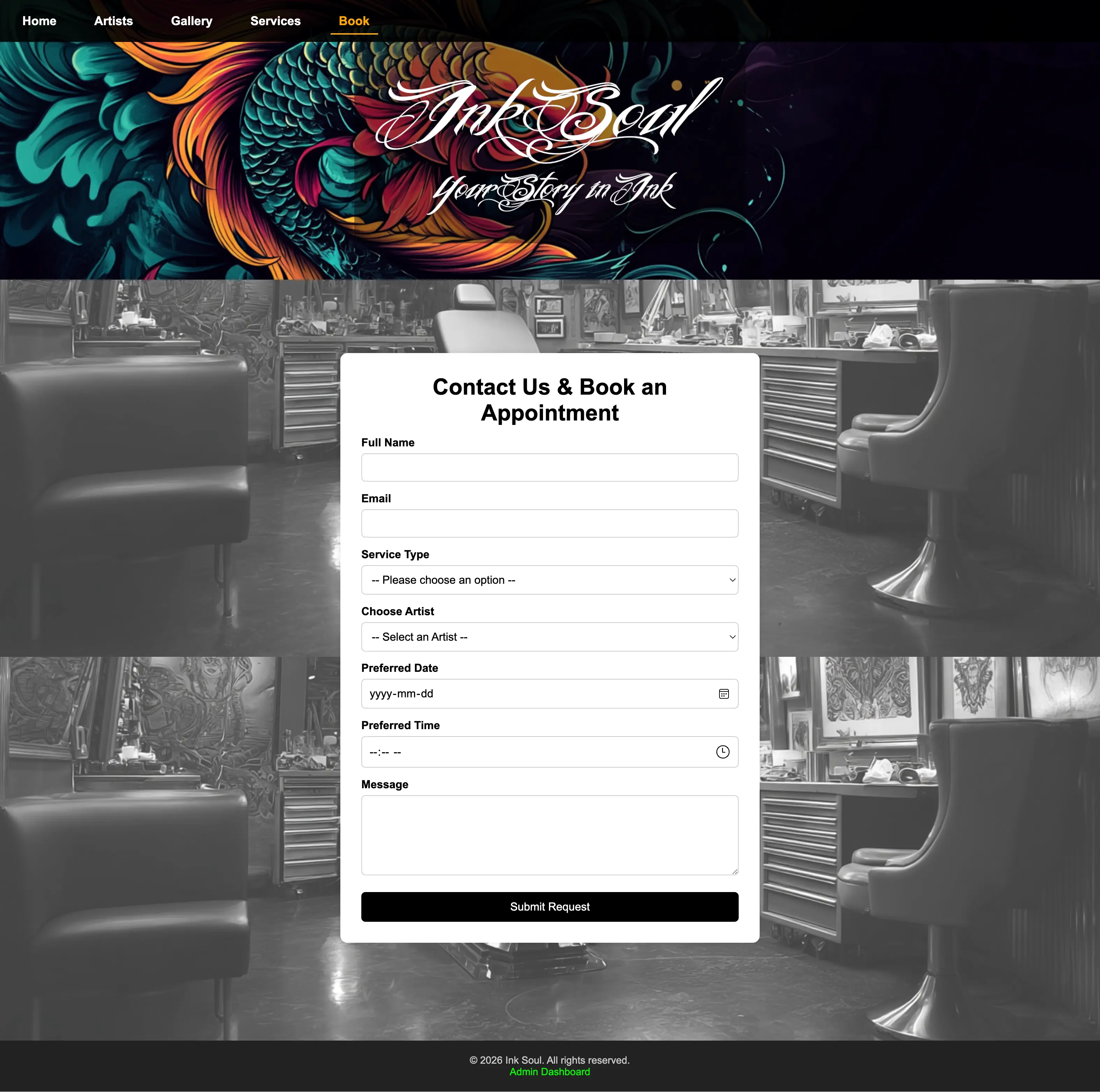 InkSoul bookings screen