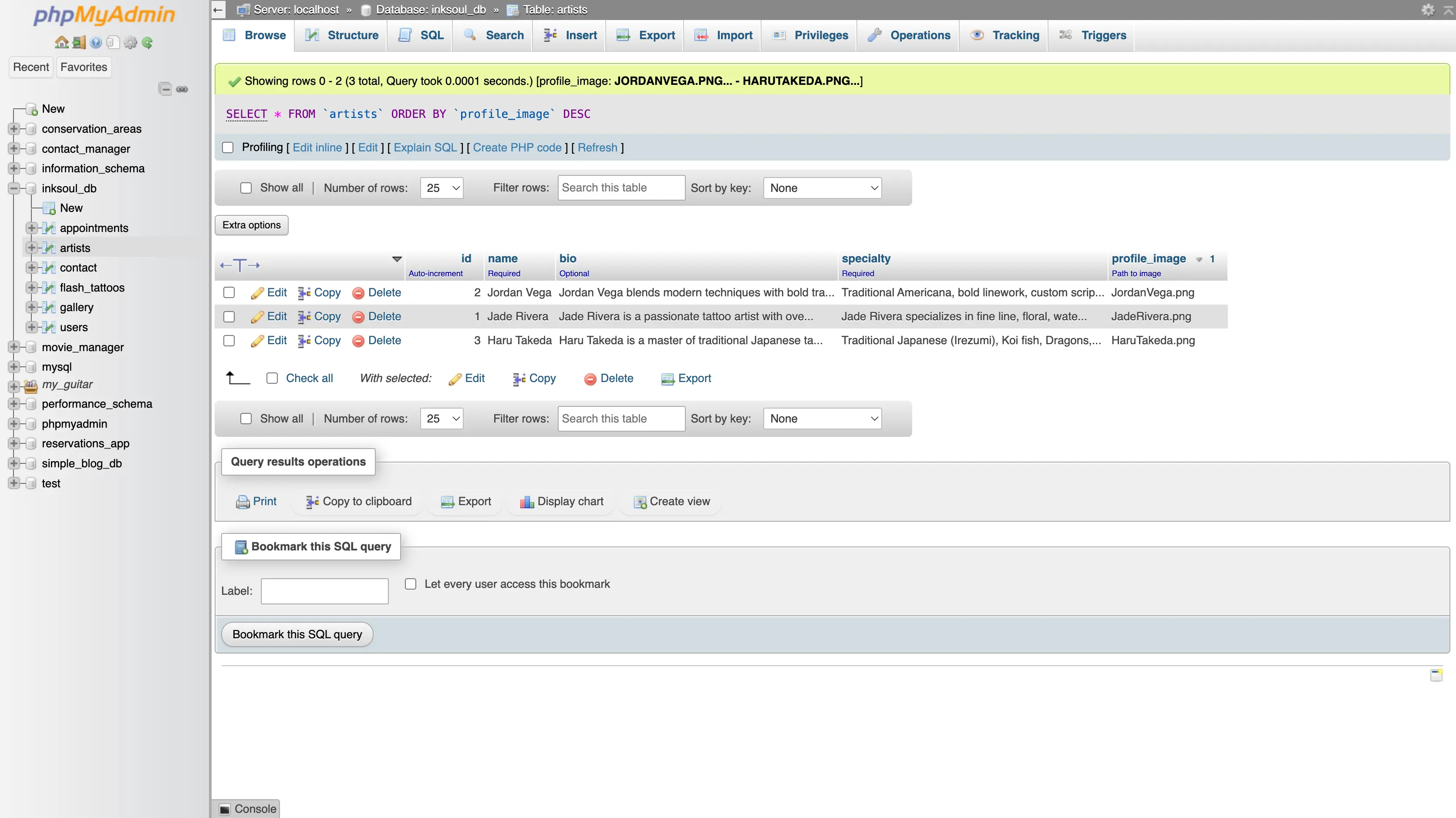 InkSoul artists database table